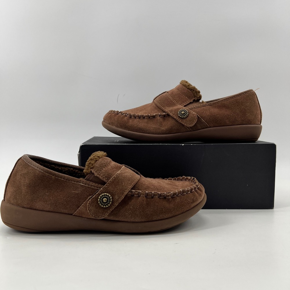 Revitalign Orthotic Slippers Women 9 Brown Moccasin Suede Faux Fur Cabin Comfort
